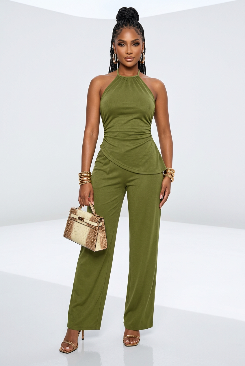 Ruched Halter Top and Wide-Leg Trousers Two-Piece Set