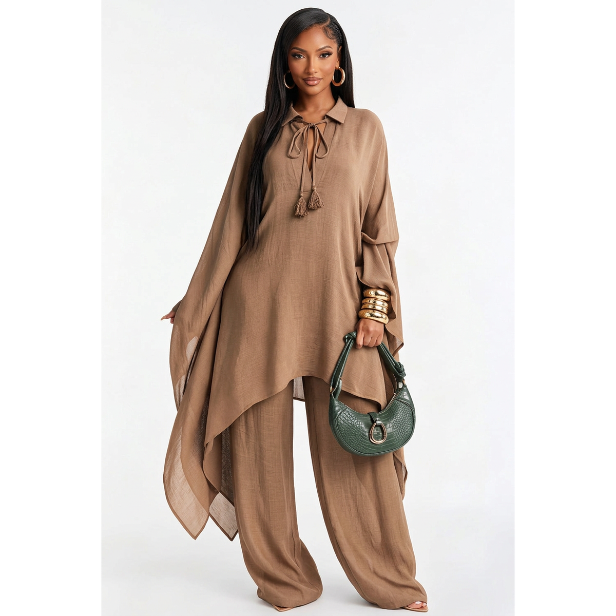 Tie-Neck Kaftan Top & Wide-Leg Trouser Set