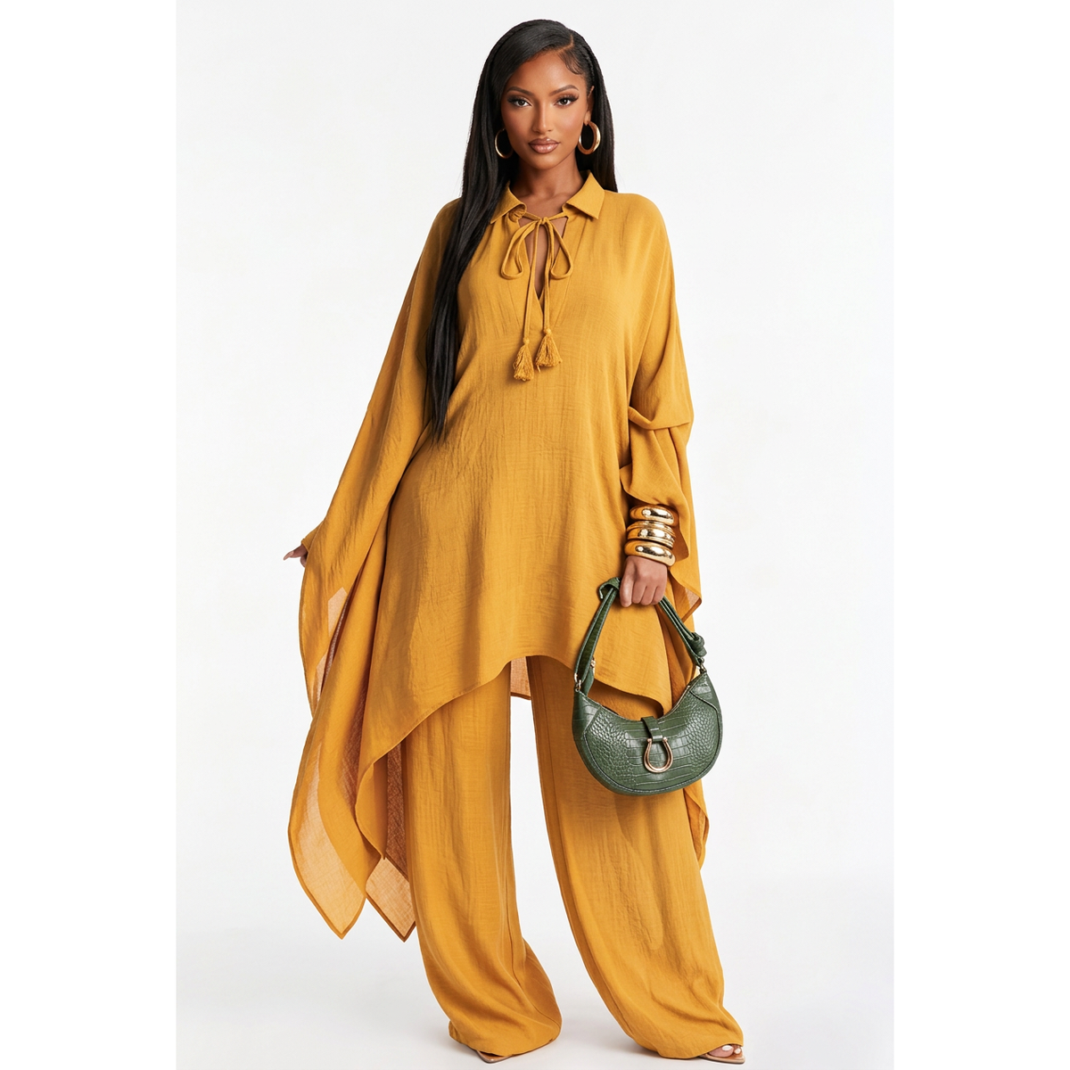 Tie-Neck Kaftan Top & Wide-Leg Trouser Set