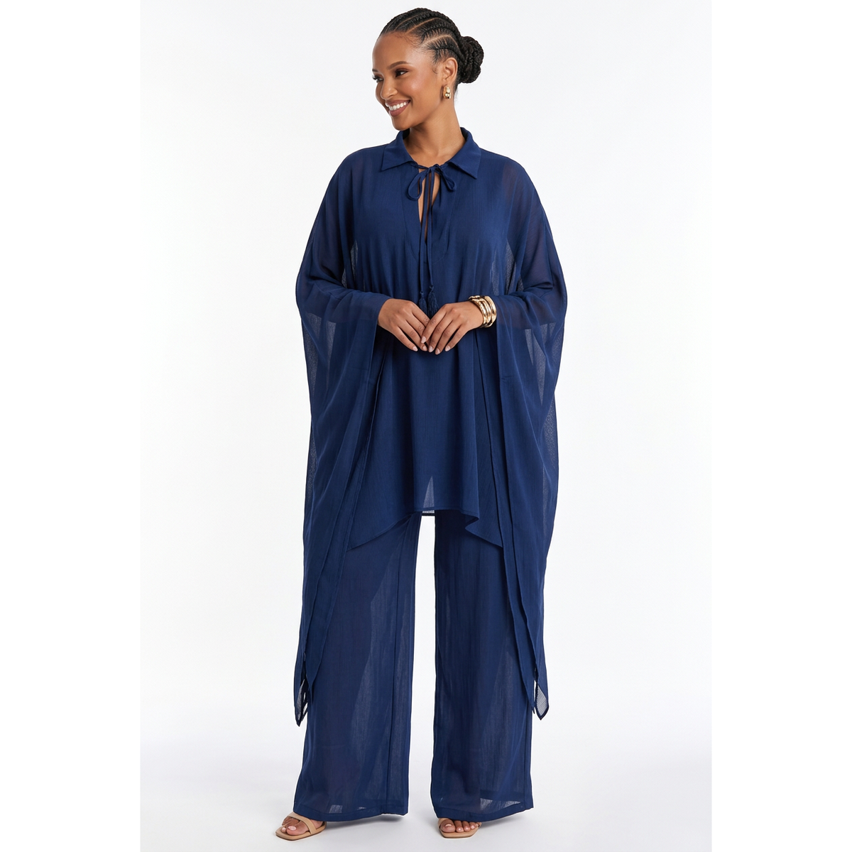 Tie-Neck Kaftan Top & Wide-Leg Trouser Set