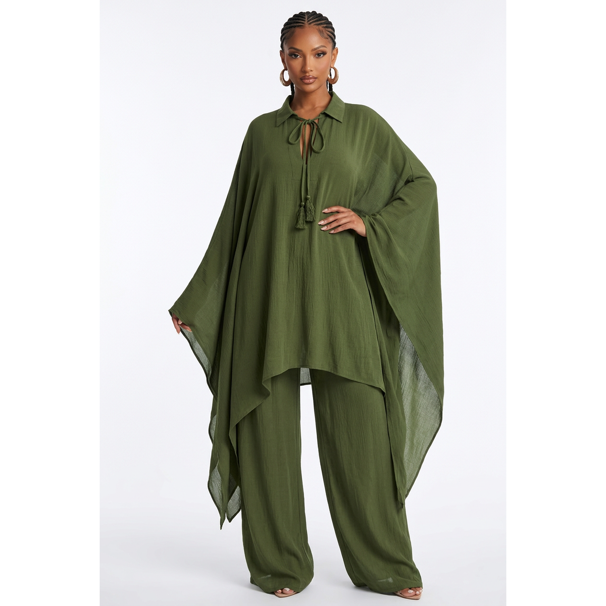 Tie-Neck Kaftan Top & Wide-Leg Trouser Set