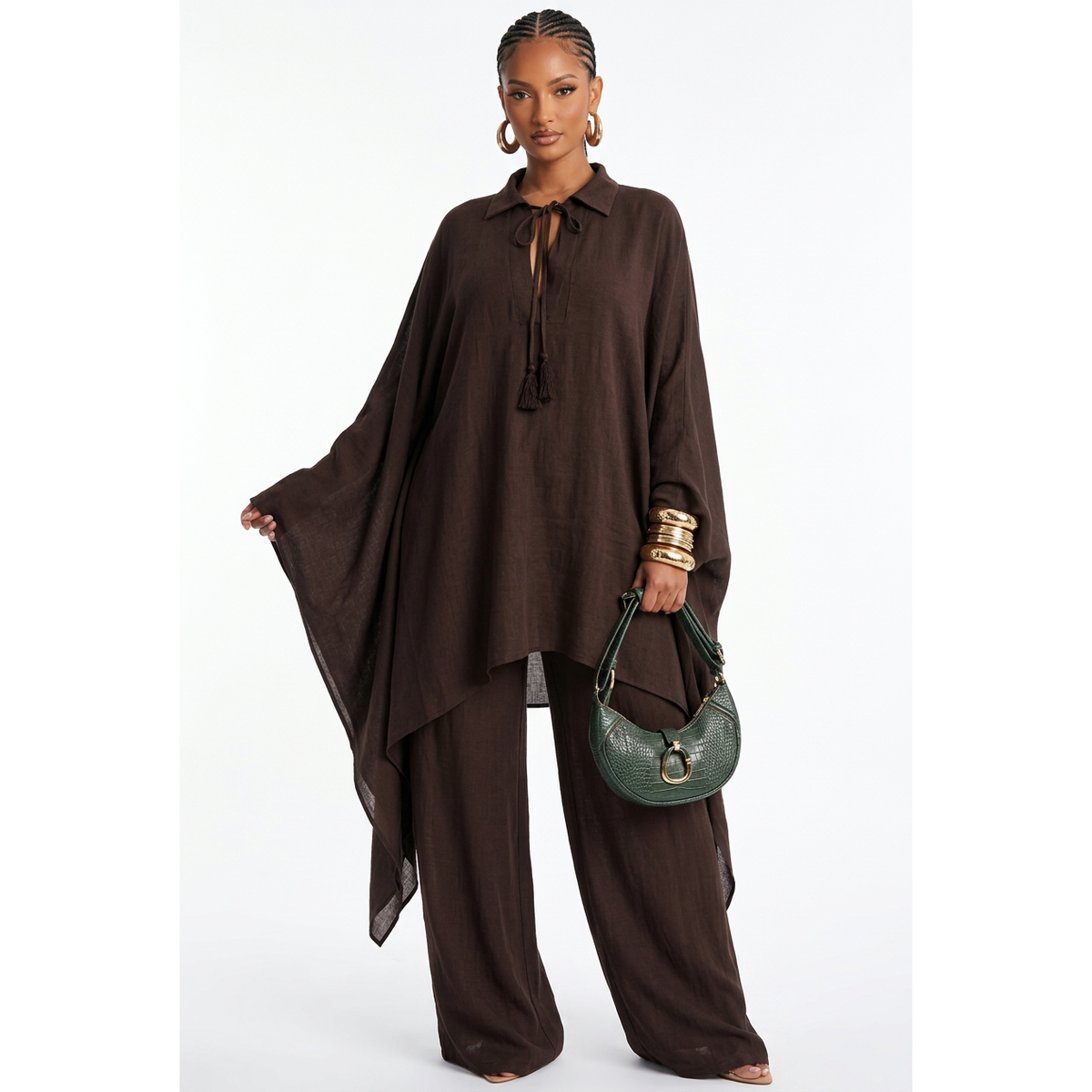 Tie-Neck Kaftan Top & Wide-Leg Trouser Set