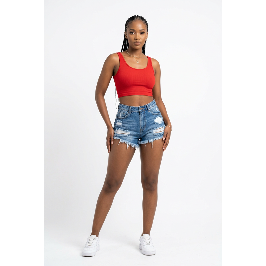 High-Waisted Distressed Denim Shorts with Frayed Hem