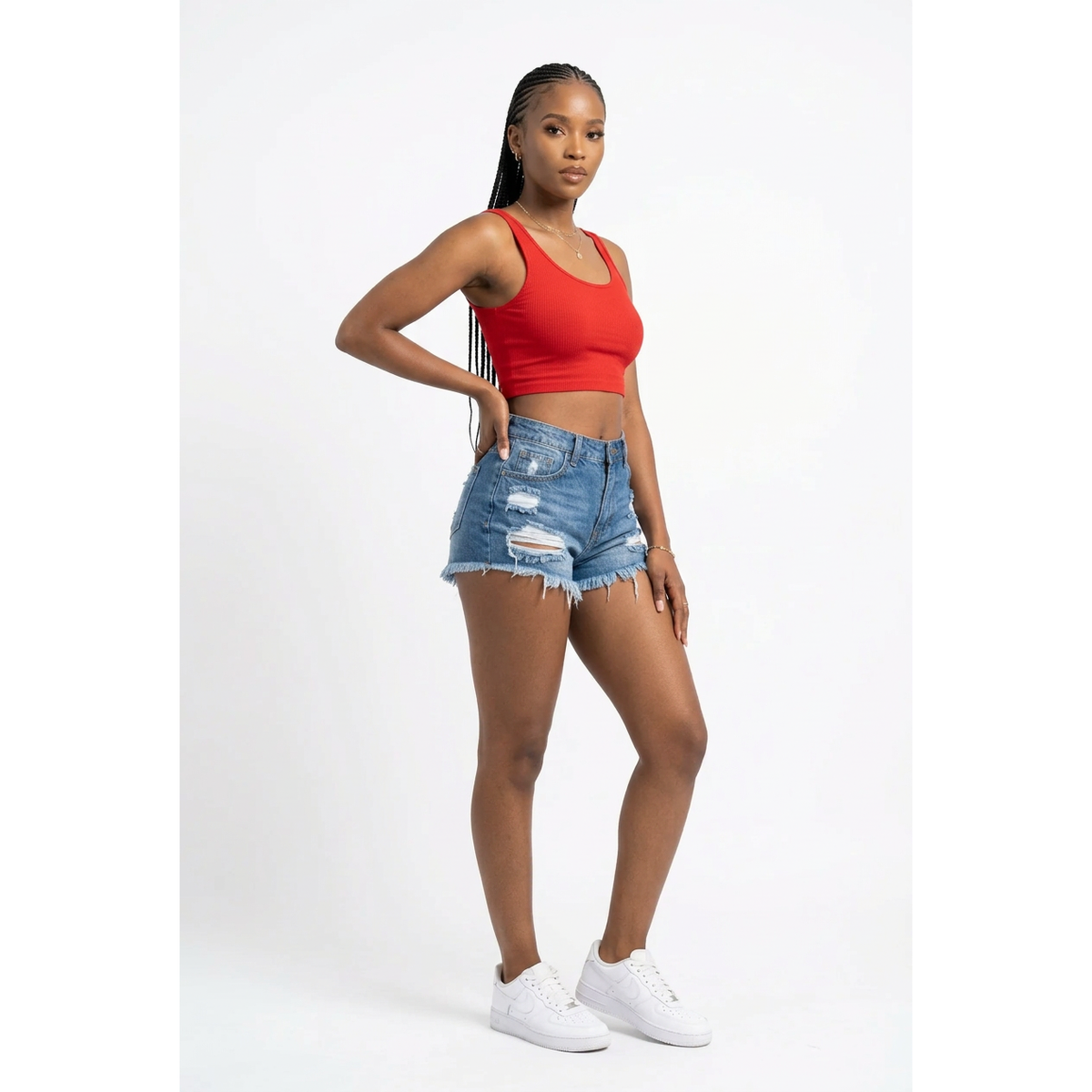 High-Waisted Distressed Denim Shorts with Frayed Hem