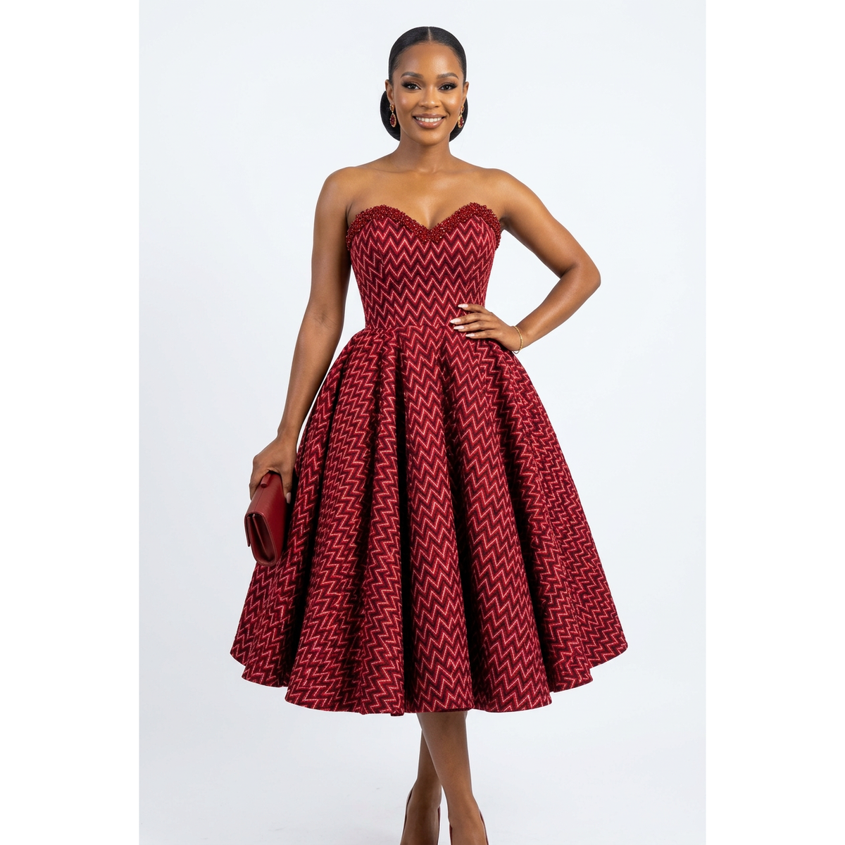 Traditional Chevron Print Strapless Sweetheart Midi Dress