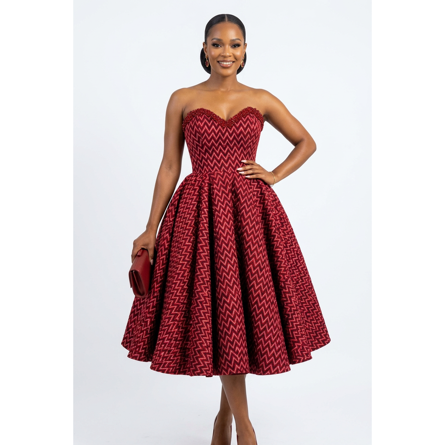 Traditional Chevron Print Strapless Sweetheart Midi Dress