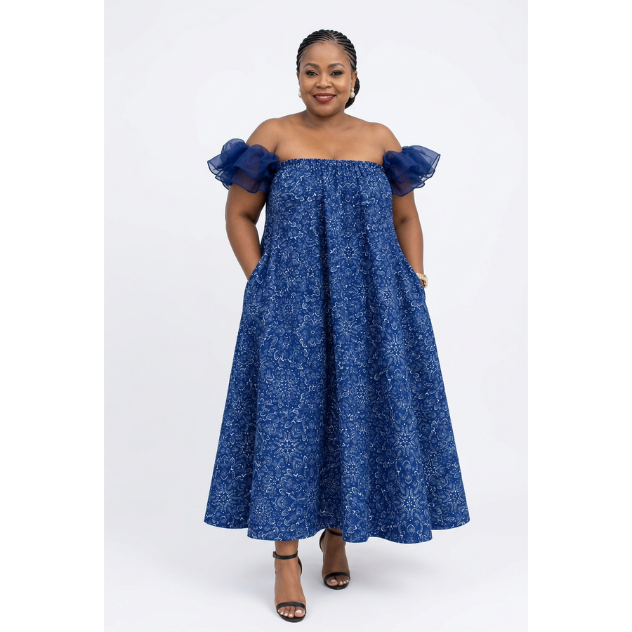 Traditional Off-Shoulder Puff-Sleeve Maxi Dress