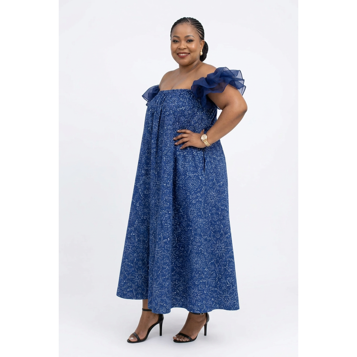 Traditional Off-Shoulder Puff-Sleeve Maxi Dress