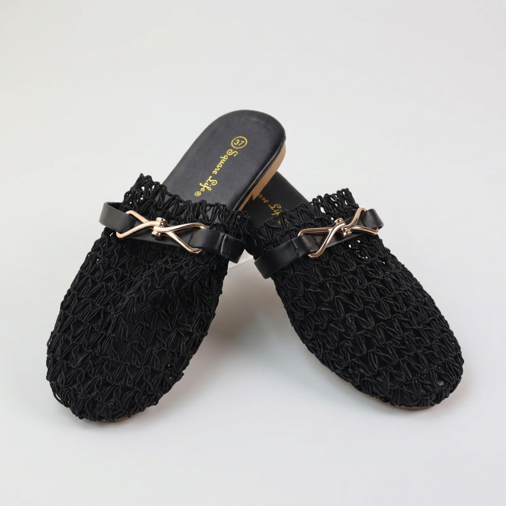 Woven Flat Mules with Metal Buckle Detail