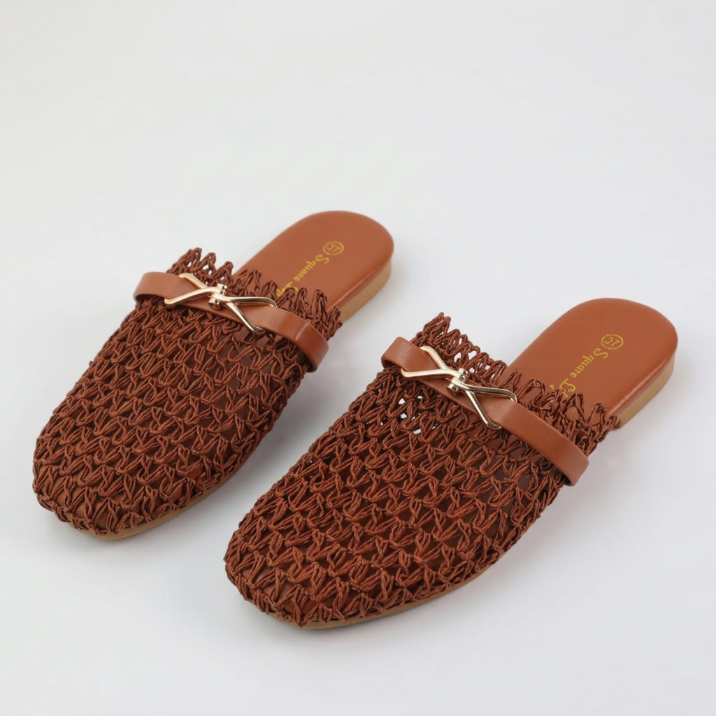 Woven Flat Mules with Metal Buckle Detail