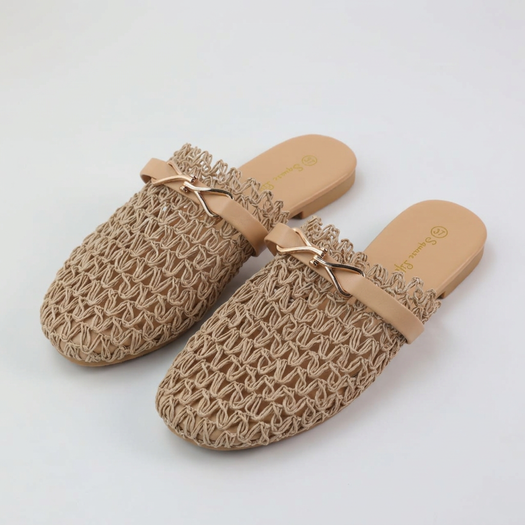 Woven Flat Mules with Metal Buckle Detail