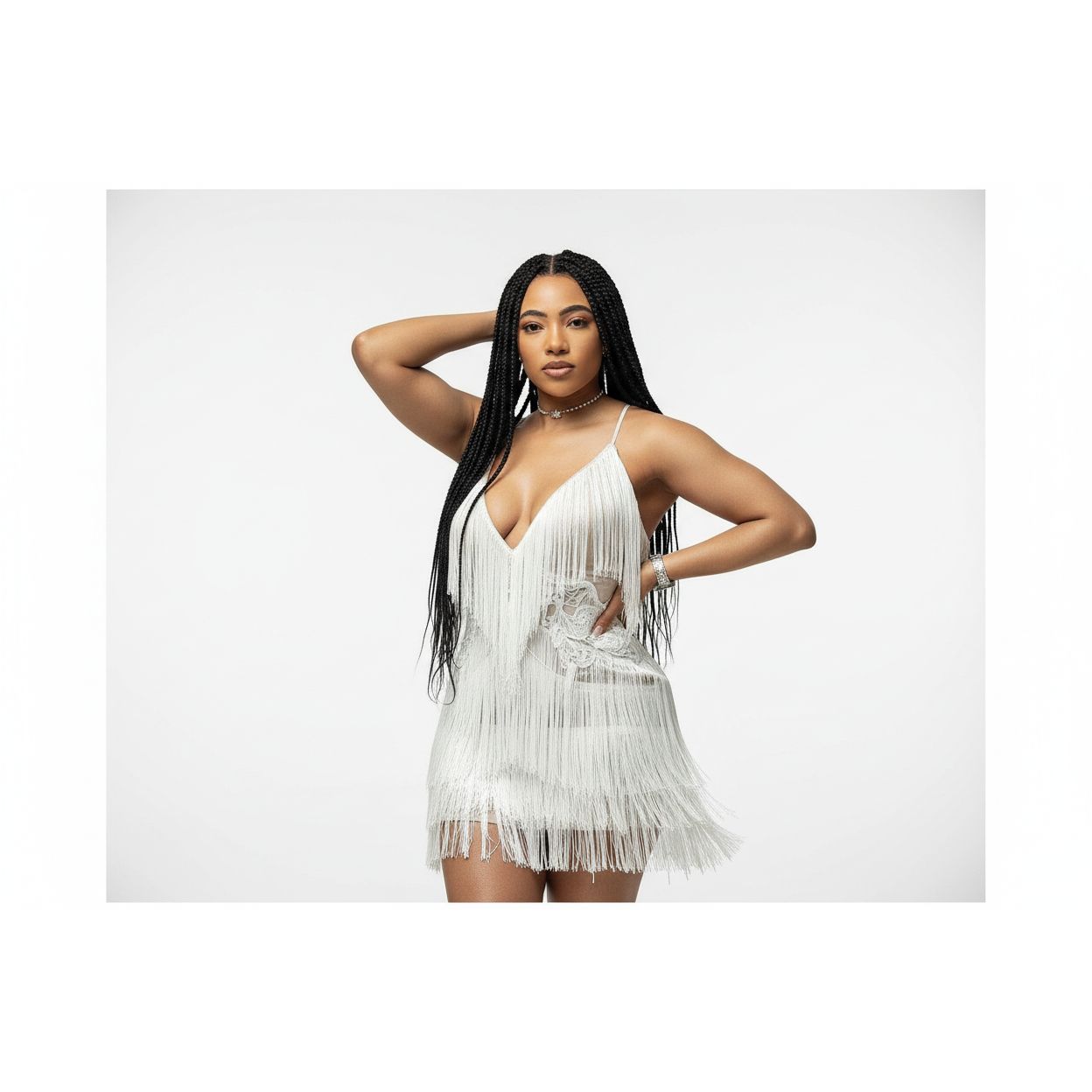 Fringe Detailed V-Neck Mini Dress