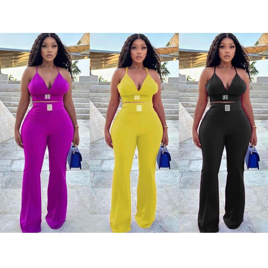 V-Neck Crop Top and High Waisted Legging Pants Outfit Set