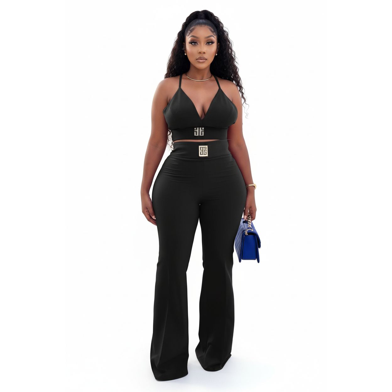 V-Neck Crop Top and High Waisted Legging Pants Outfit Set