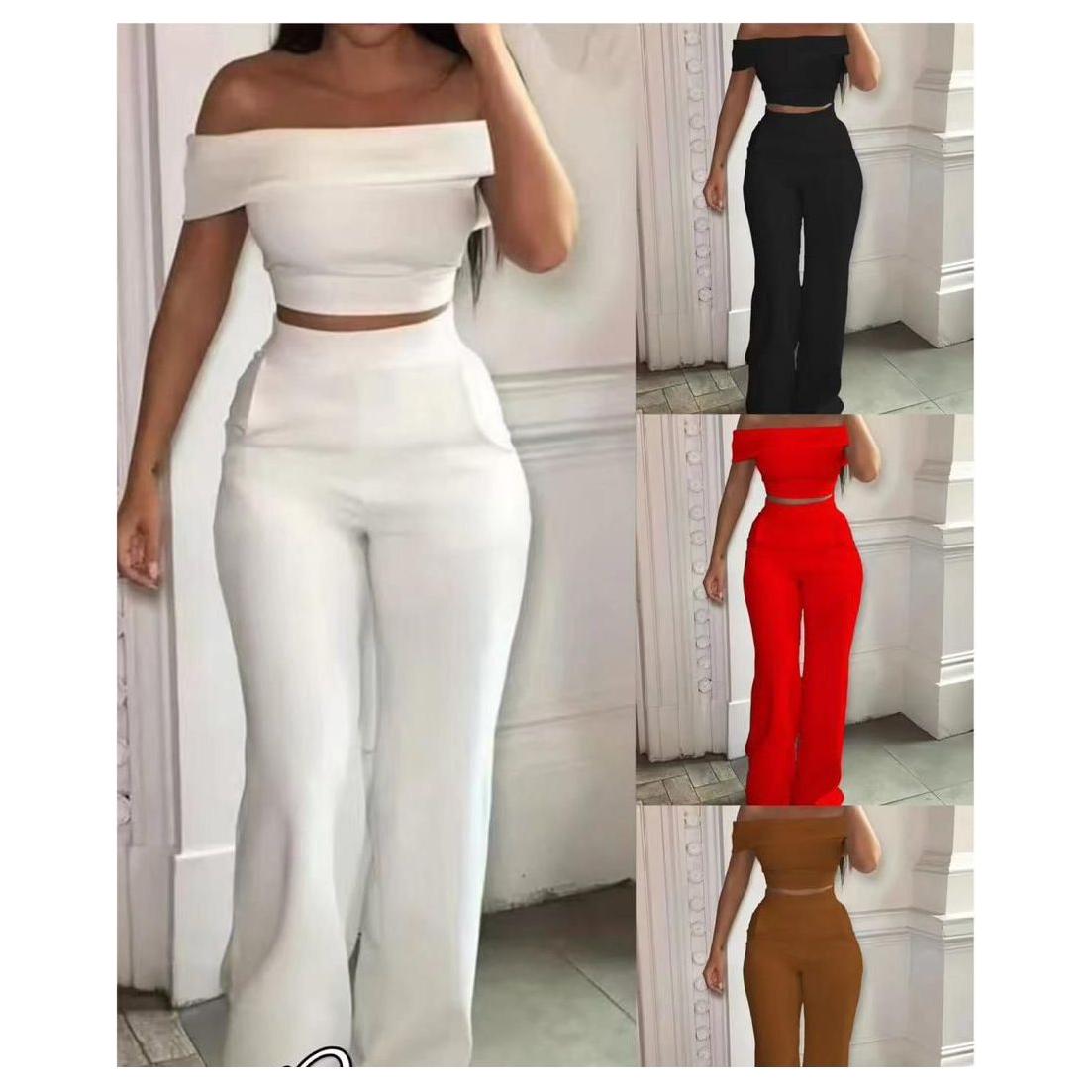 Off Shoulder Crop Top and High Waisted Pants Set