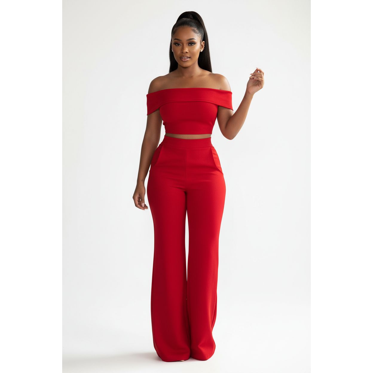 Off Shoulder Crop Top and High Waisted Pants Set