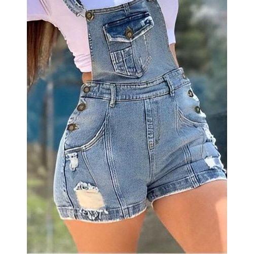 Women's Summer Denim Overalls With Rolled-Up Hem