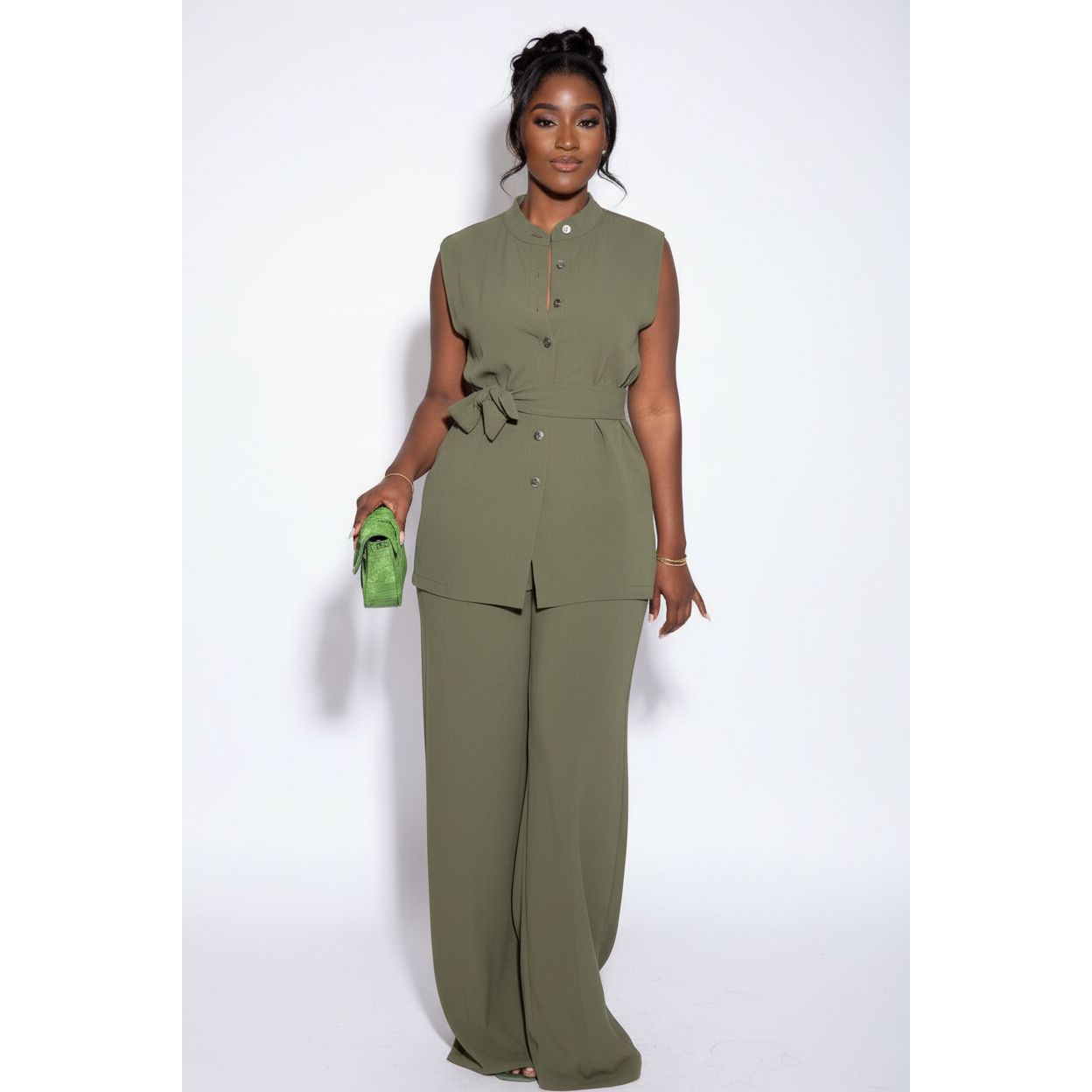 Two Piece Button Sleeveless Lace Up Top Wide Leg Summer Pants Set.