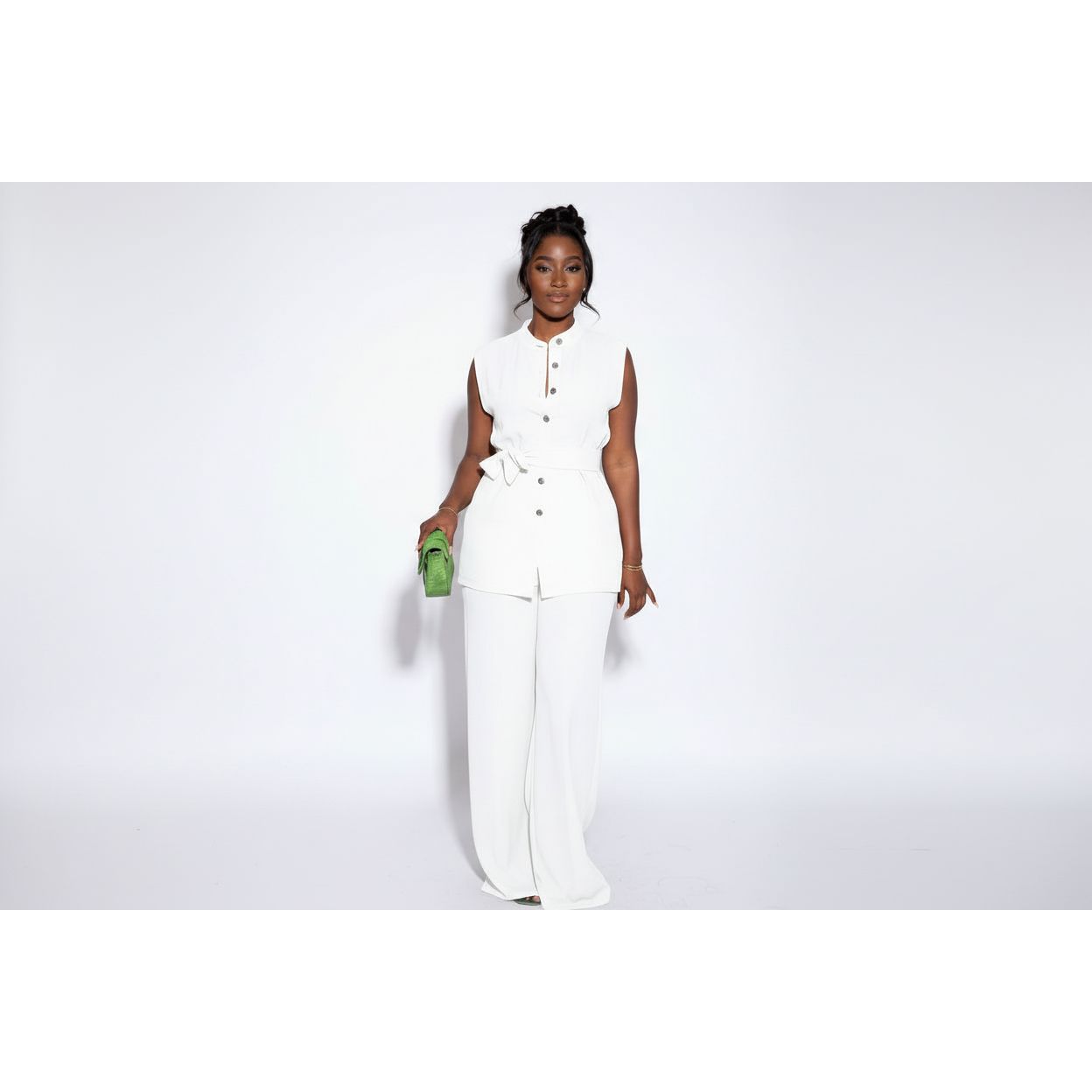 Two Piece Button Sleeveless Lace Up Top Wide Leg Summer Pants Set.