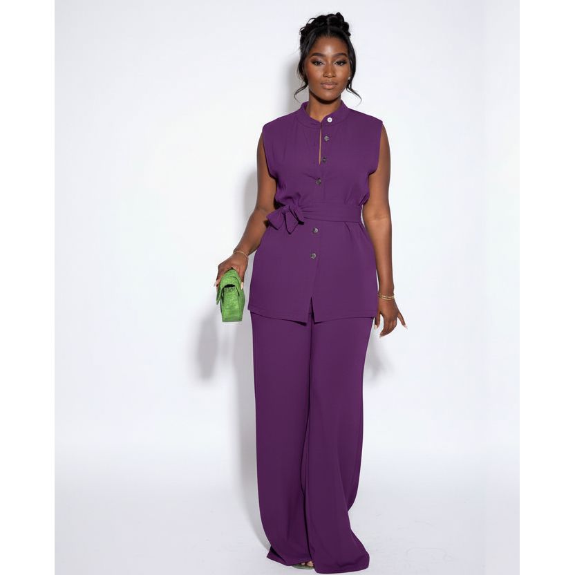 Two Piece Button Sleeveless Lace Up Top Wide Leg Summer Pants Set.