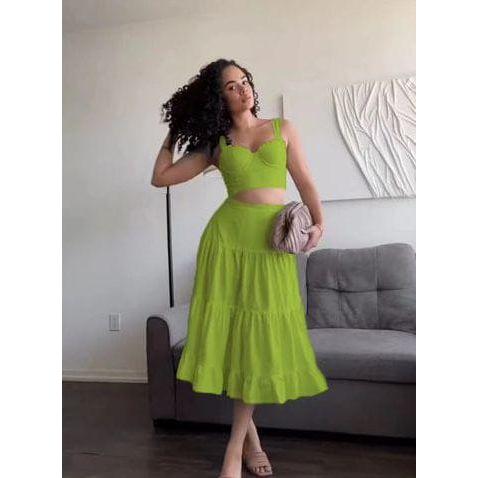 Summer Solid Color Crop Top And Skirt 2-Piece Set.