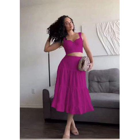 Summer Solid Color Crop Top And Skirt 2-Piece Set.