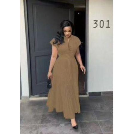 African Women V-neck Short Sleeve Solid Color Dress.