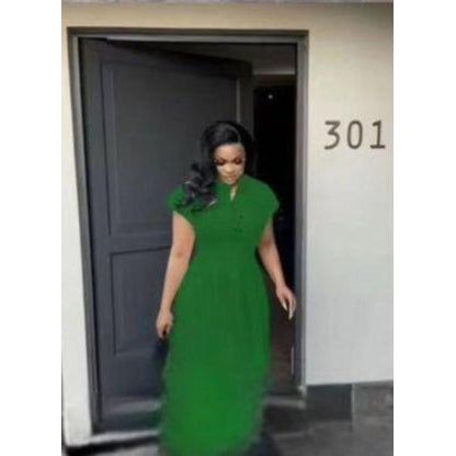 African Women V-neck Short Sleeve Solid Color Dress.