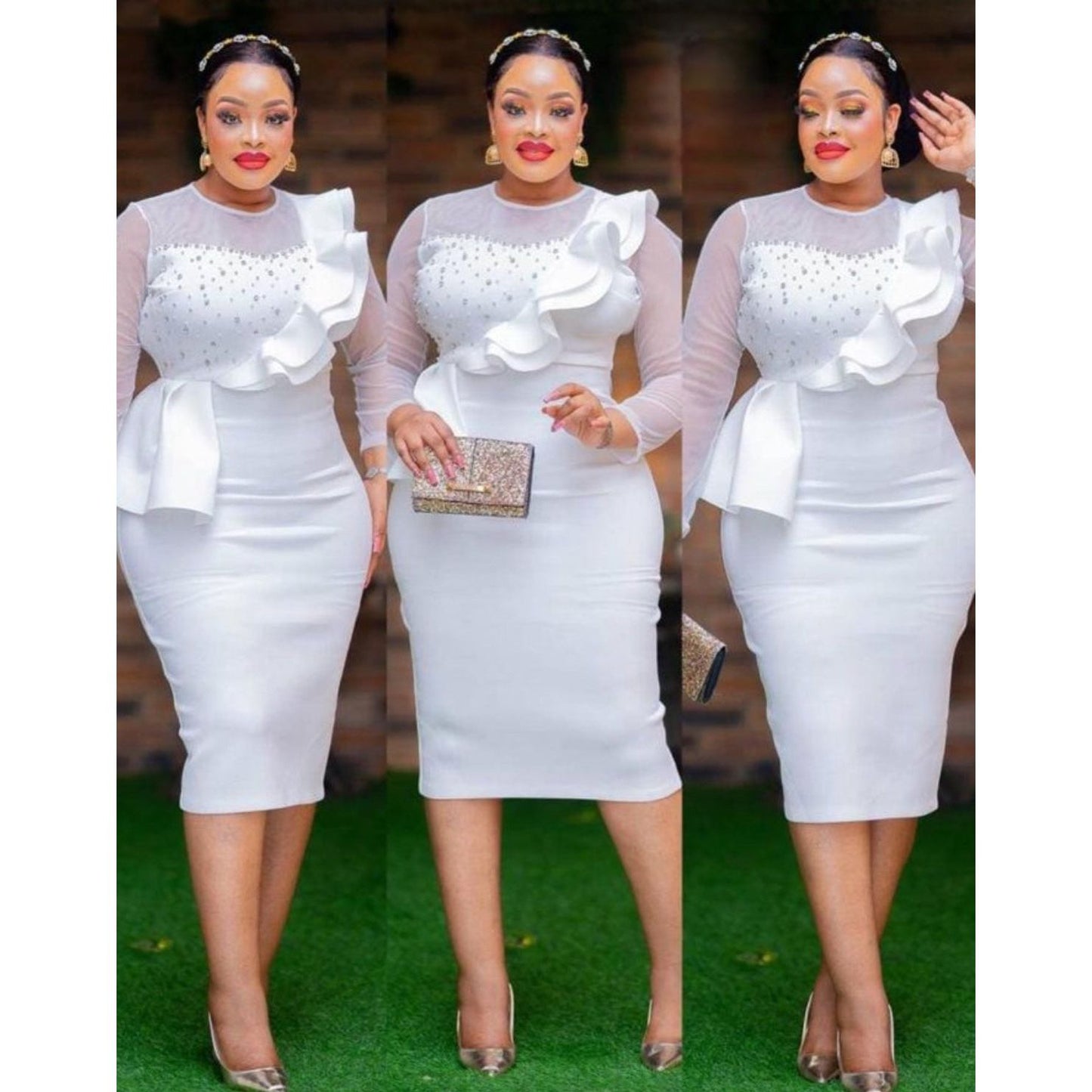 Elegant Mesh Patchwork Ruffled Beaded Bodycon Dress.