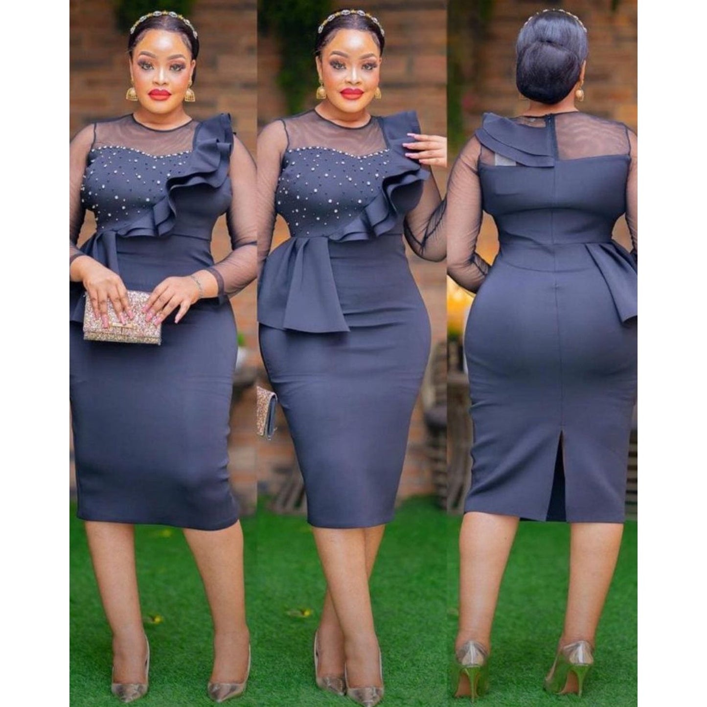 Elegant Mesh Patchwork Ruffled Beaded Bodycon Dress.