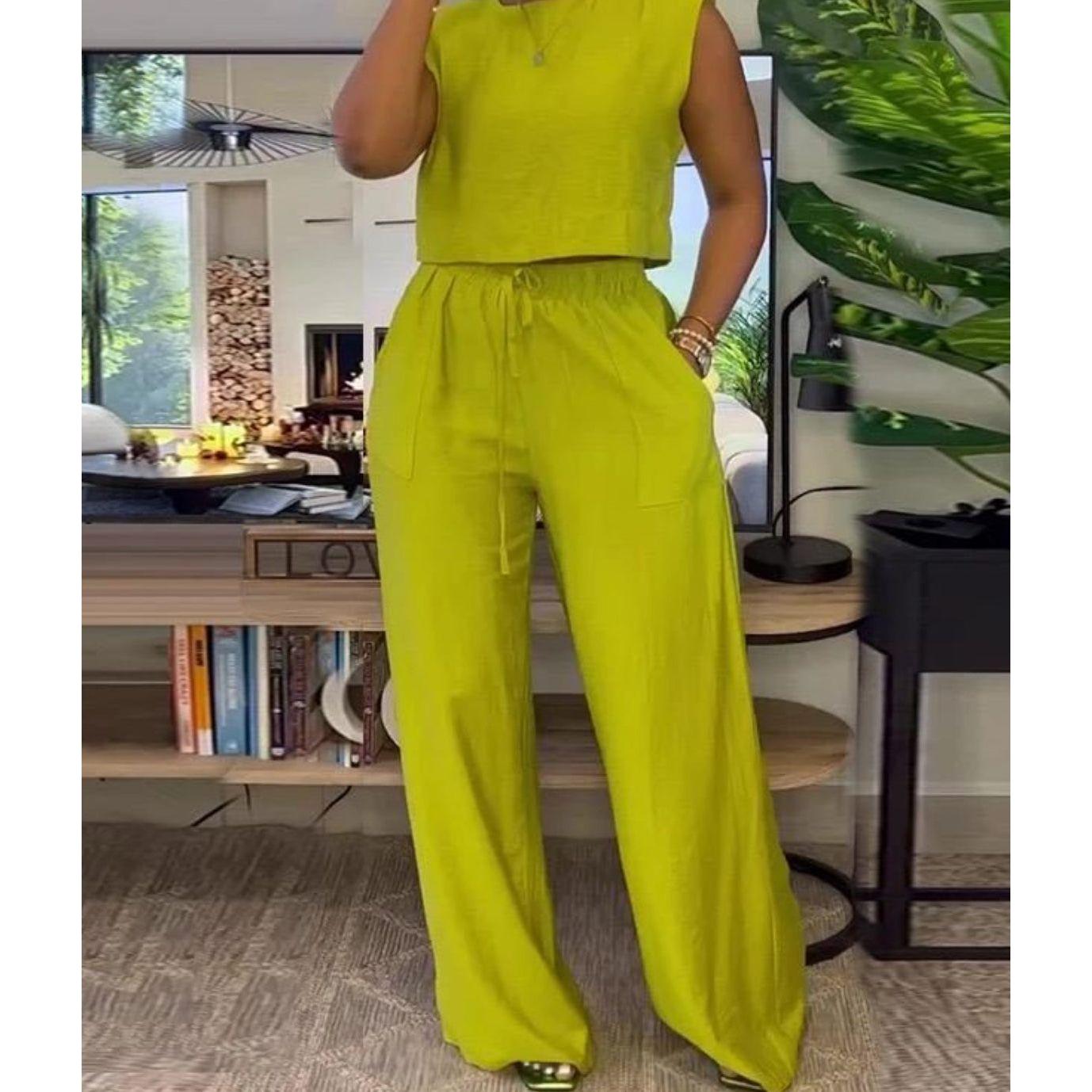 Short Sleeve Crop Tops Wide Leg High Waist Long Pants Outfit Set