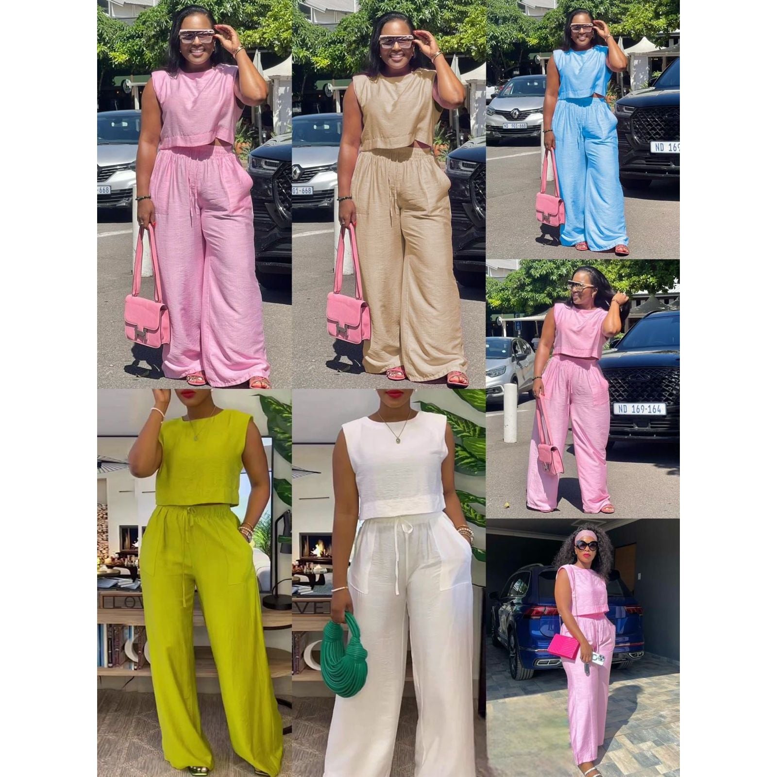 Short Sleeve Crop Tops Wide Leg High Waist Long Pants Outfit Set