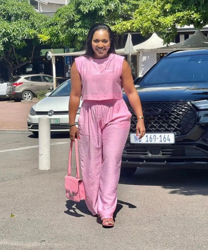 Short Sleeve Crop Tops Wide Leg High Waist Long Pants Outfit Set