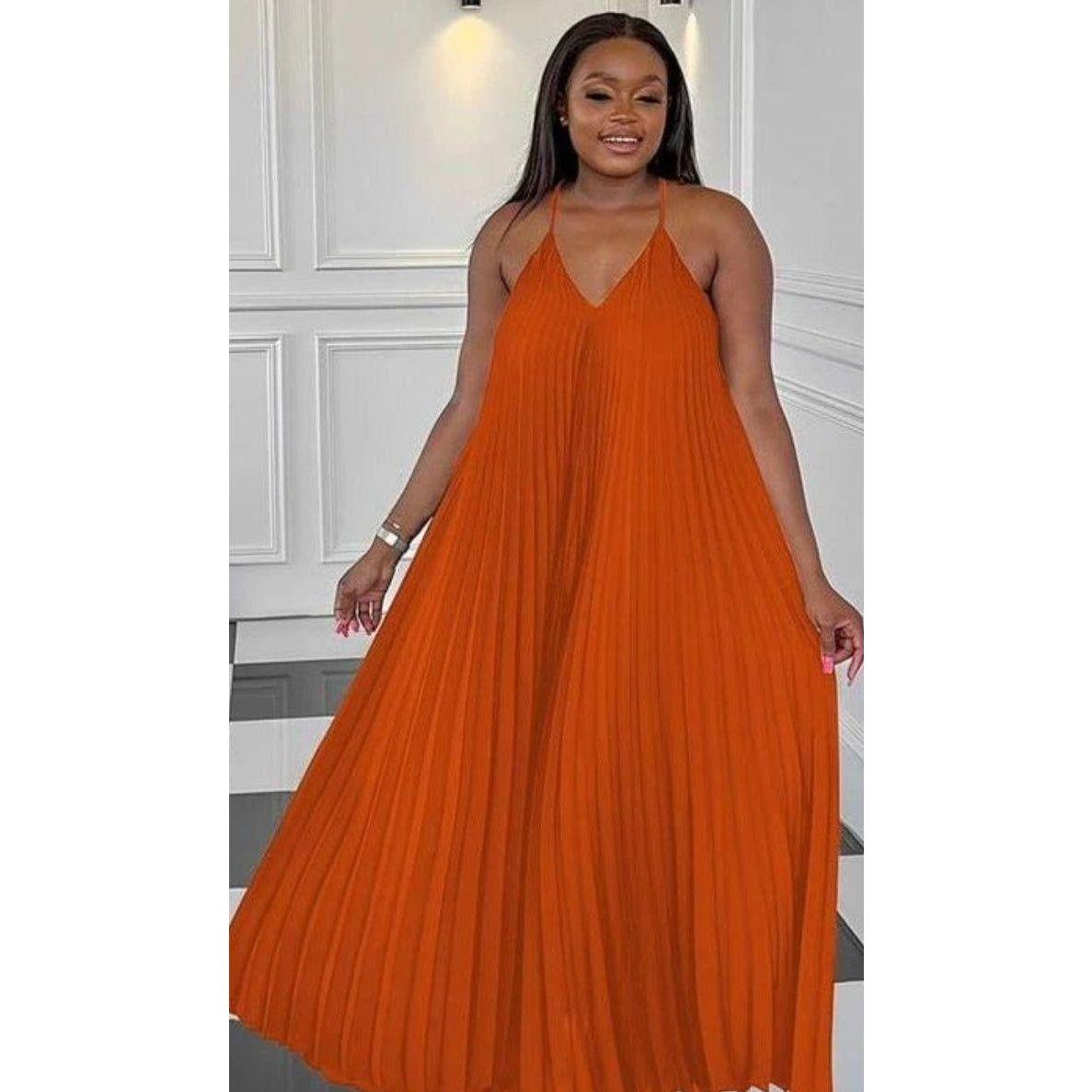 Pleated Sleeveless Midi V-neck Dress.