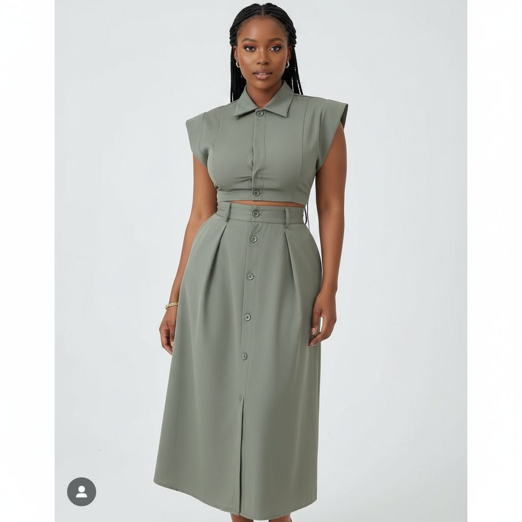 Ruffle Front Trim Button Shirt & Skirt Set.