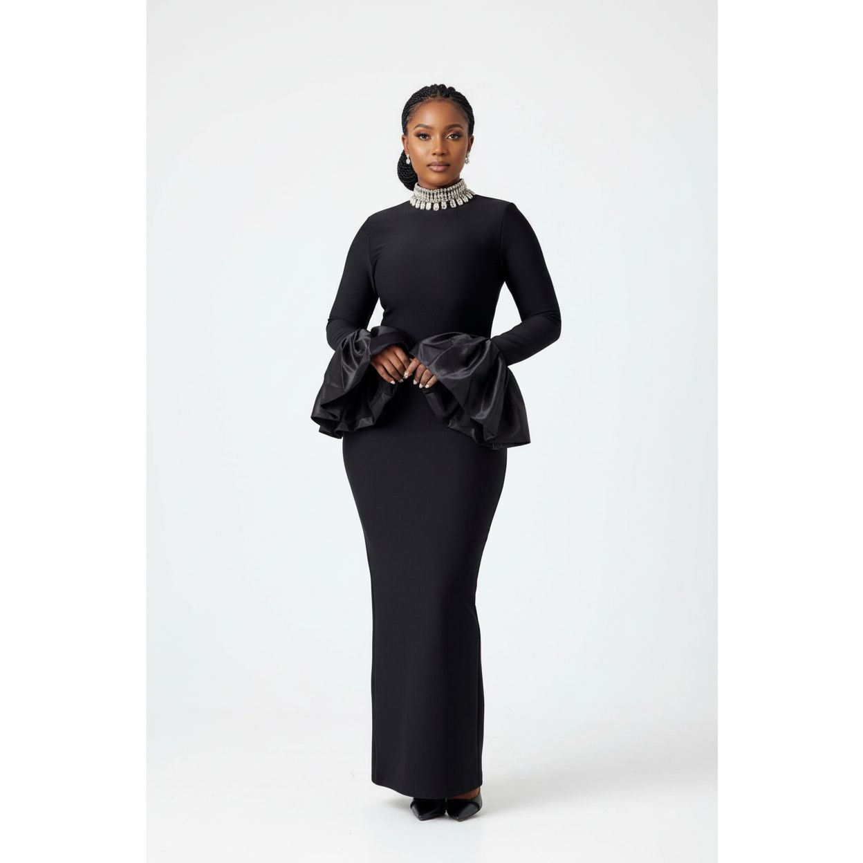 Mermaid Black Long Sleeves Prom Dress.