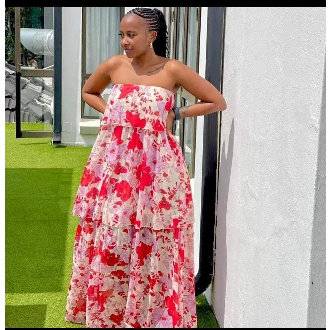 Floral Off-shoulder Pleated Maxi Dress.