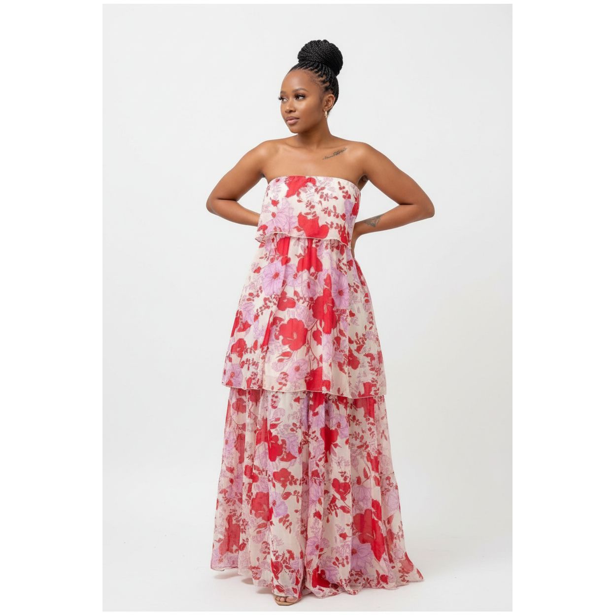 Floral Off-shoulder Pleated Maxi Dress.