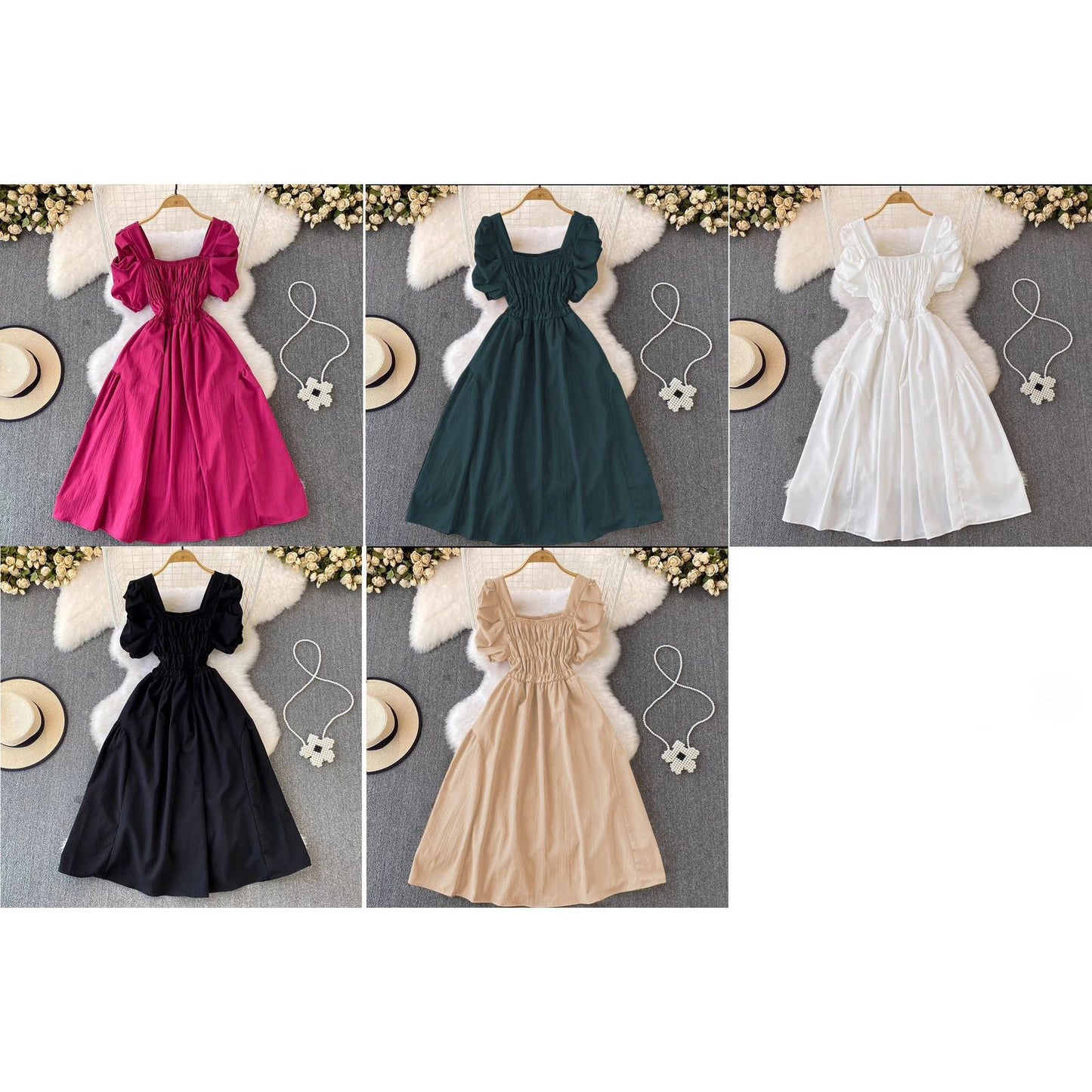 Elegant Puff Sleeve Retro Bandage Solid Design Dress.