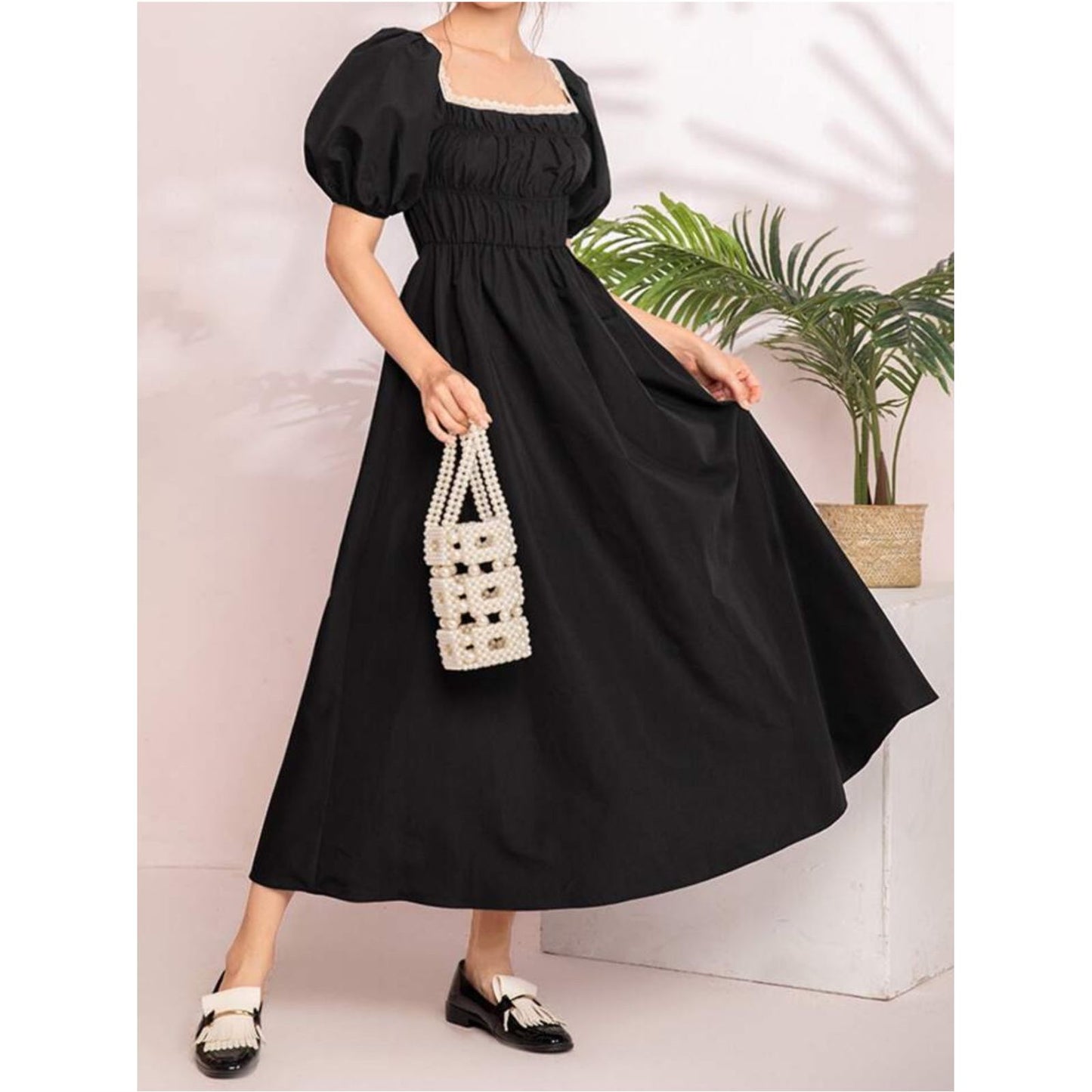 Elegant Puff Sleeve Retro Bandage Solid Design Dress.