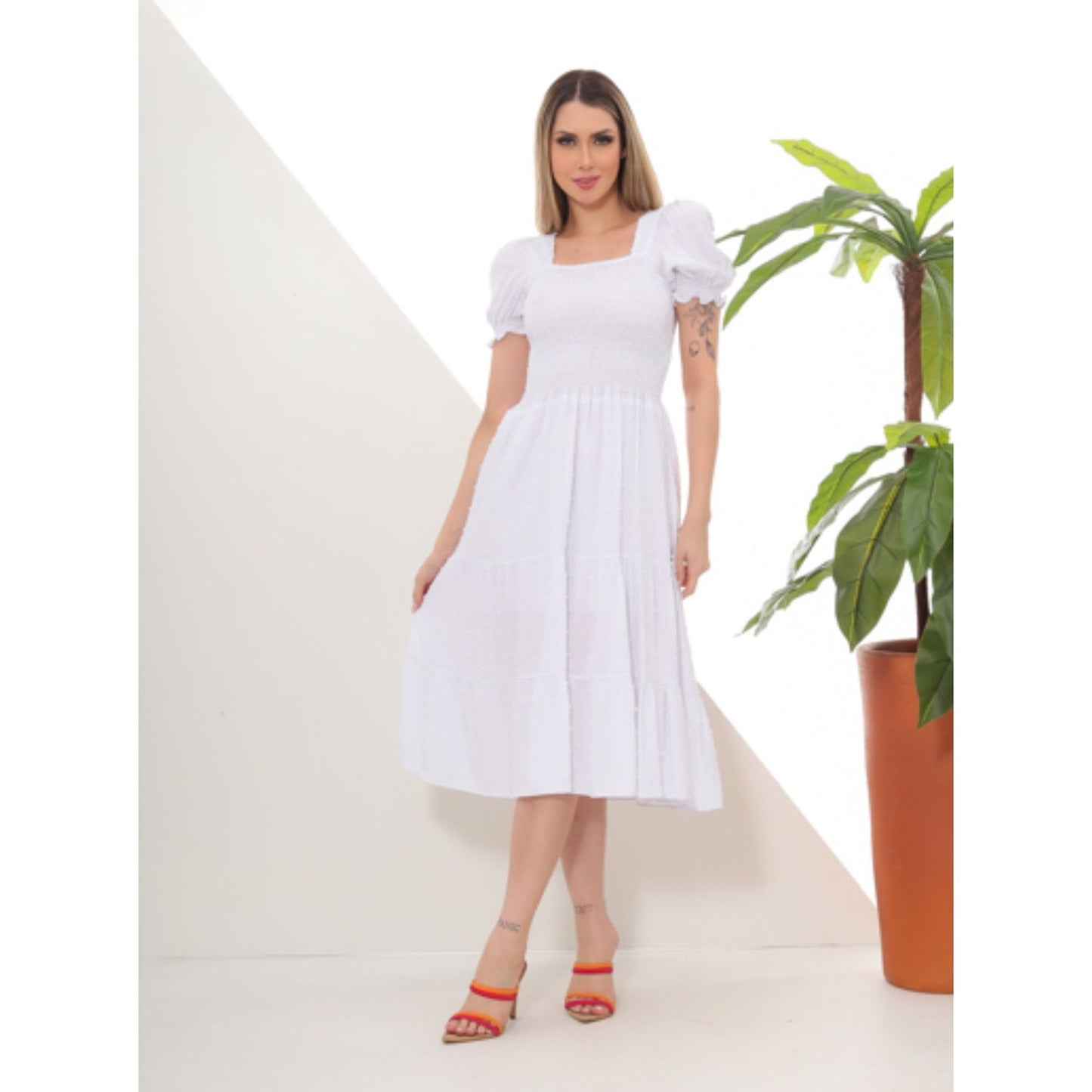 Elegant Puff Sleeve Retro Bandage Solid Design Dress.