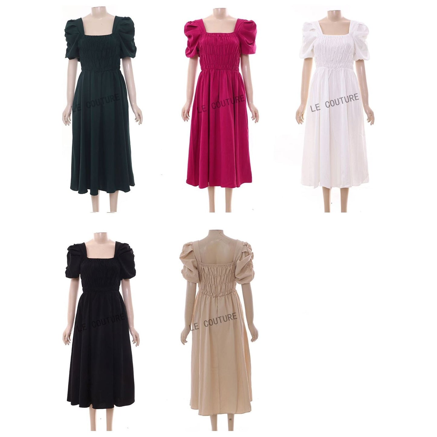 Elegant Puff Sleeve Retro Bandage Solid Design Dress.