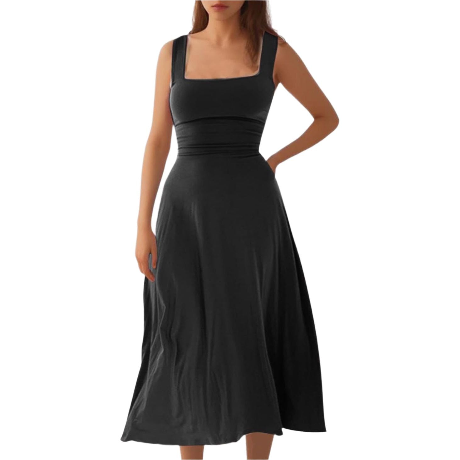 Sleeveless Square Neck Polyester Midi Dress