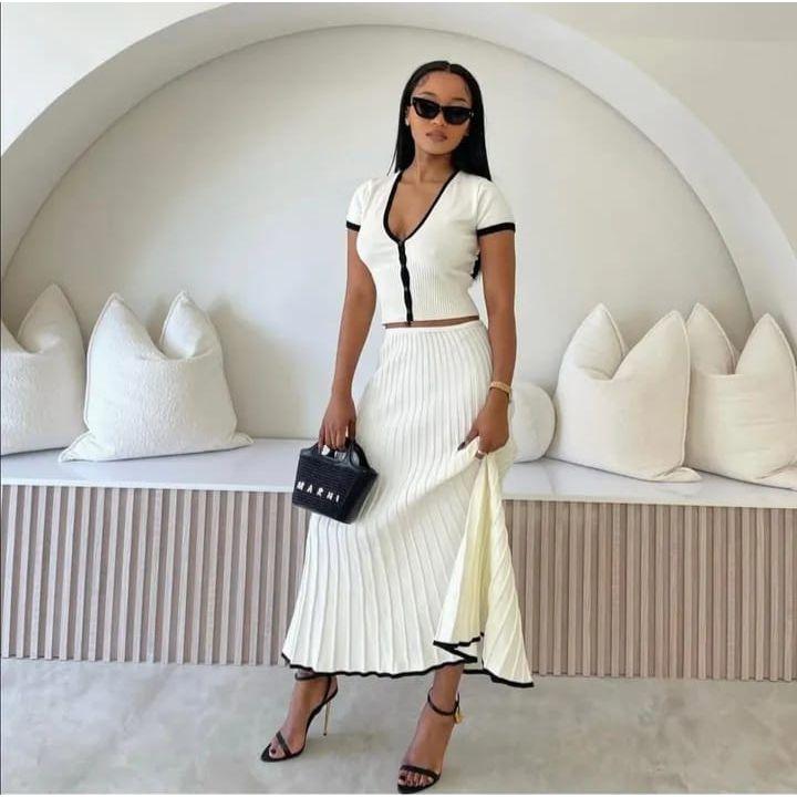 Short Sleeve V Neck Cropped Tops Midi Skirt Knitted Two Piece Set