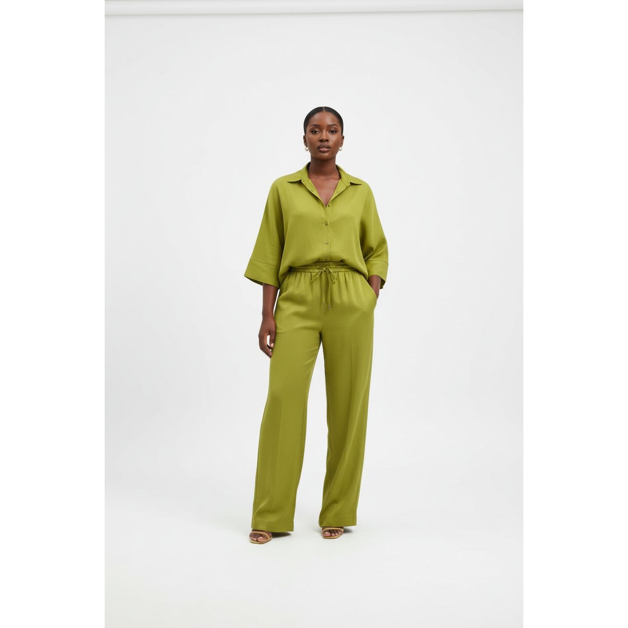 Buttoned 3/4 Sleeve Top with Palazzo Pants 2 Piece set.