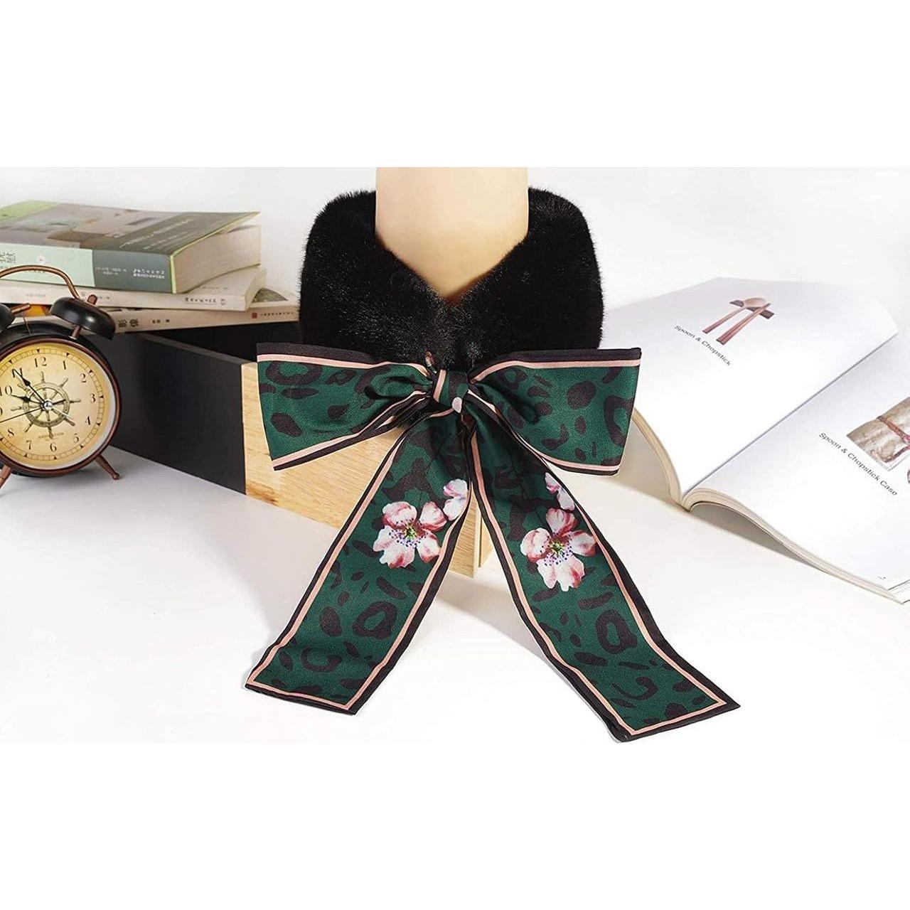 Winter Warm Faux Fur Collar Scarf with Leopard Ribbon Neck Warmer