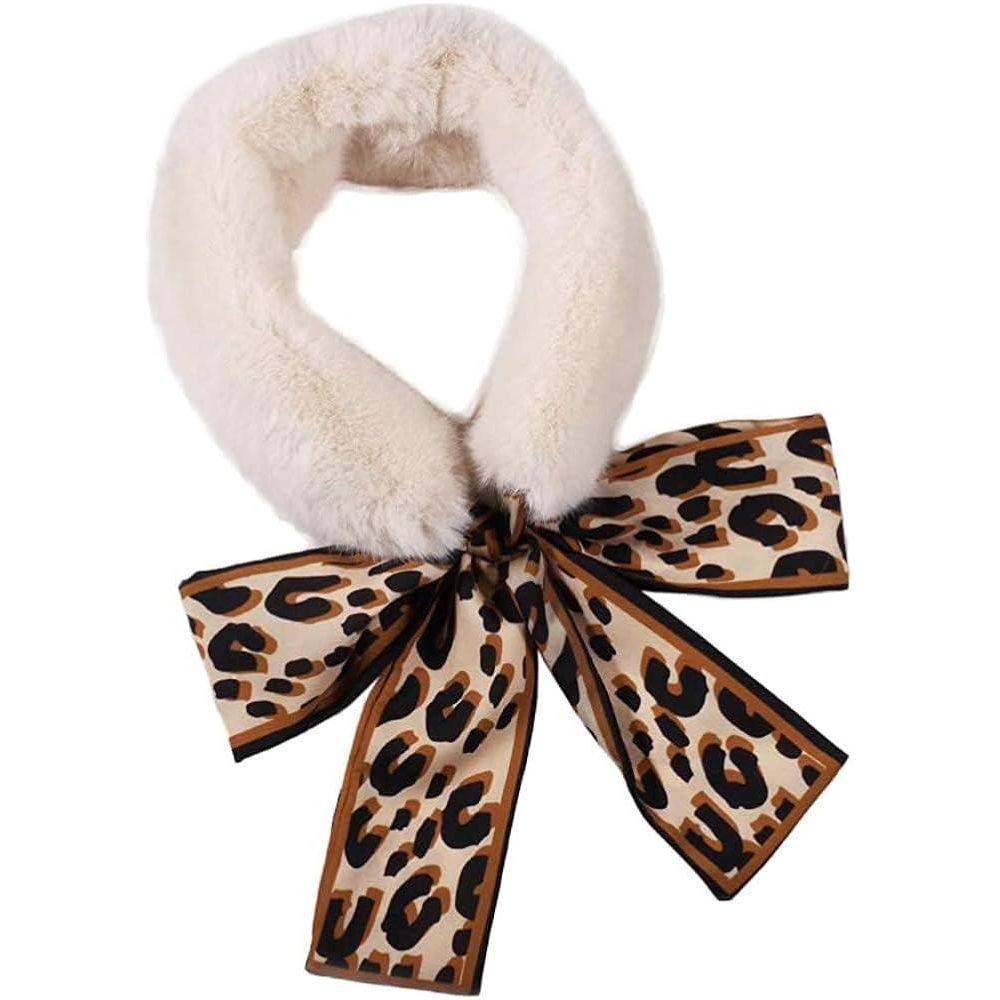 Winter Warm Faux Fur Collar Scarf with Leopard Ribbon Neck Warmer