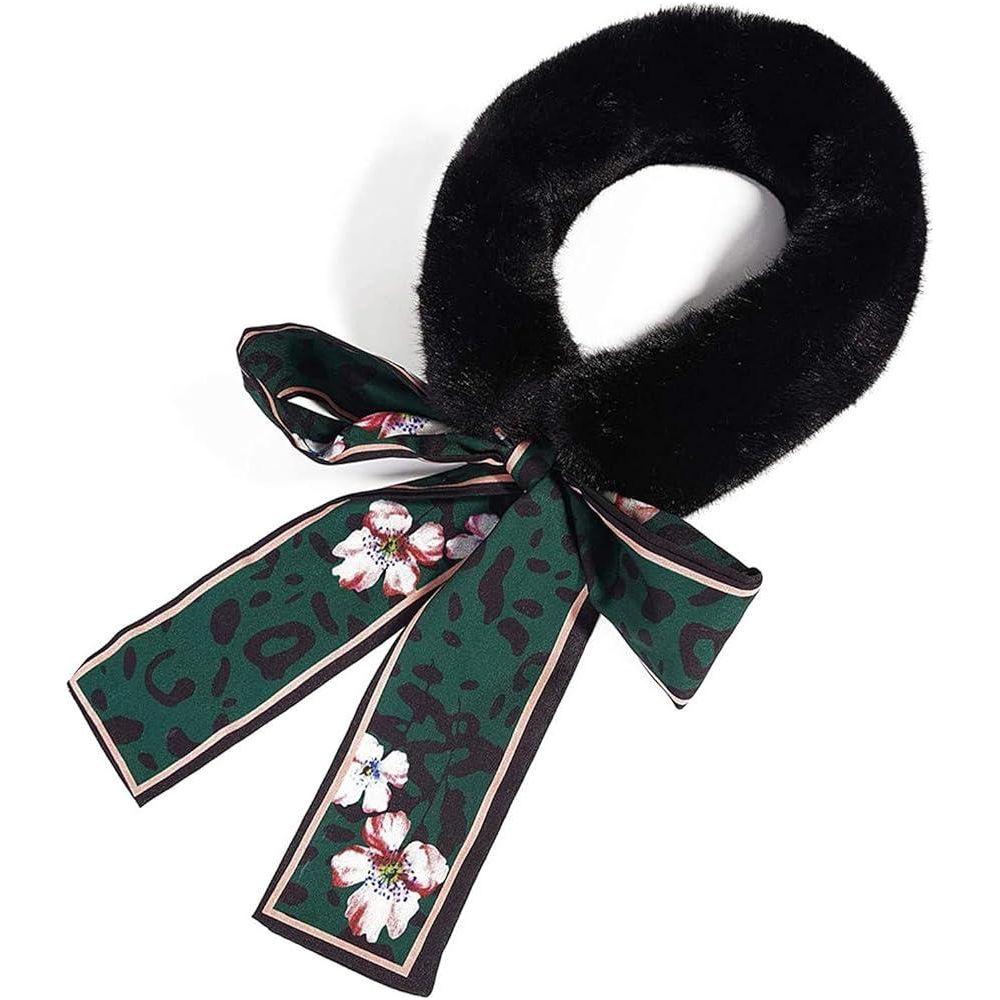Winter Warm Faux Fur Collar Scarf with Leopard Ribbon Neck Warmer