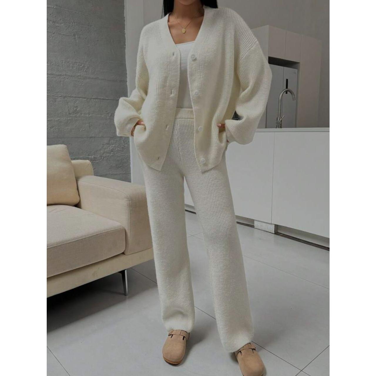 2pcs Casual Lantern Sleeve Cardigan And Pants Set