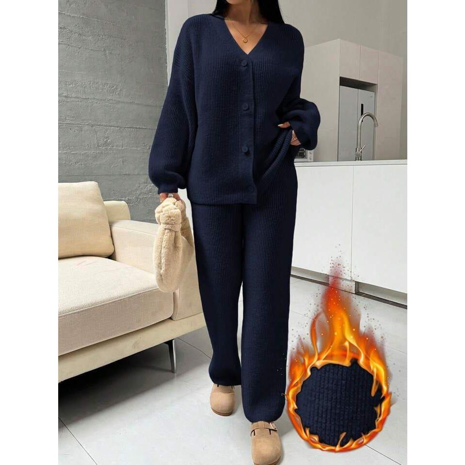 2pcs Casual Lantern Sleeve Cardigan And Pants Set